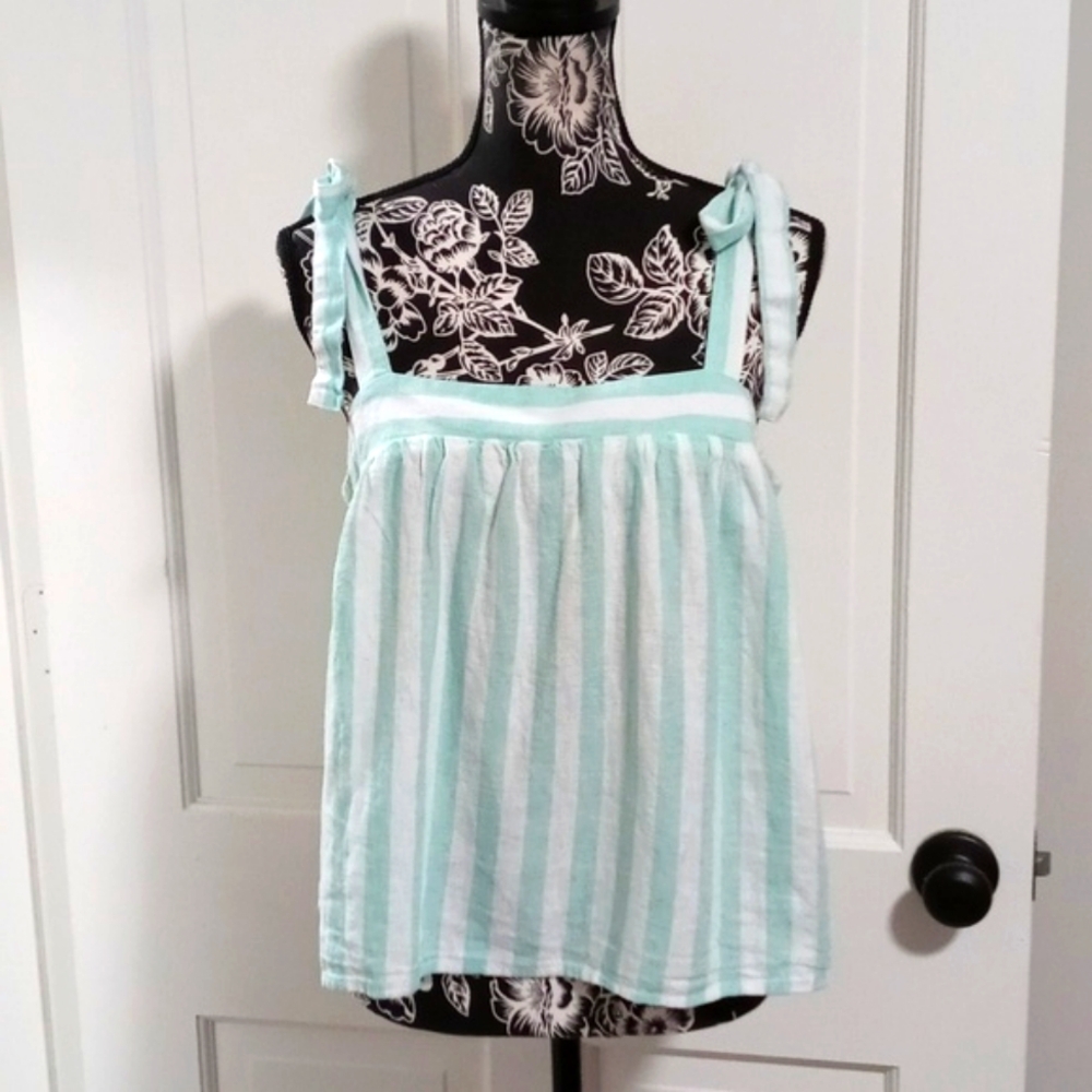 🆕️ 🌴Stoney Clover x Target🌴 - Green/White Stripe Linen Blend Tie Shoulder Top - Picture 3 of 10